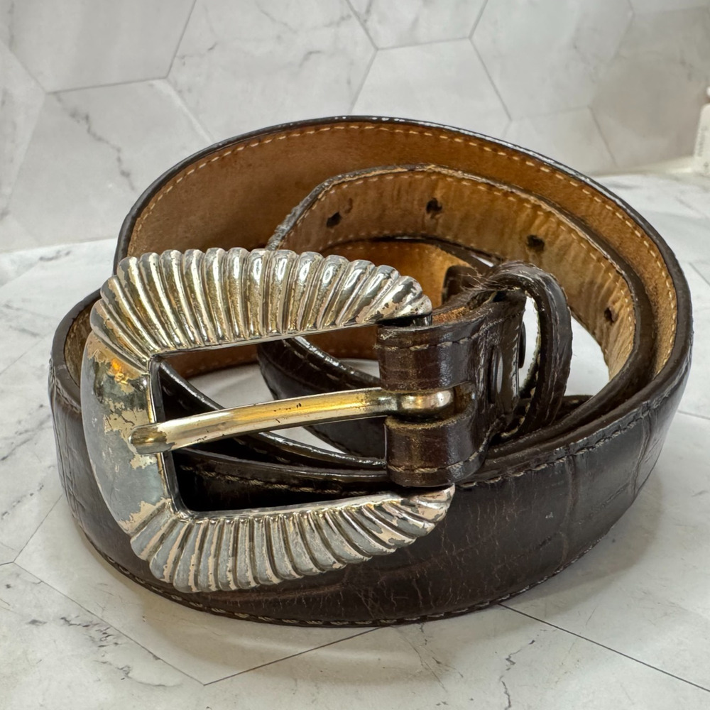 Brighton Womens Belt Brown Crocodile Pattern Western Silver Buckle Sz 28 Snaps